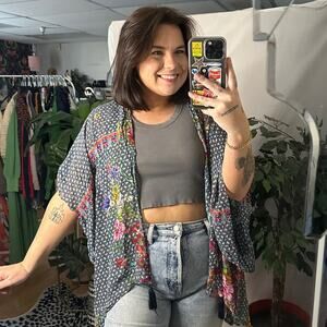 Johnny Was 100% silk navy floral kimono wrap top